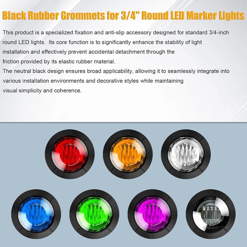 PSEQT 3/4'' Round Rubber Grommets for 3/4'' LED Lights, Waterproof Gasket with Inner Hole and Grooves for Secure Fastening, Fit for 0.75-inch Round LED Side Clearance Tail Marker Lights (Pack of 20) - Image 2